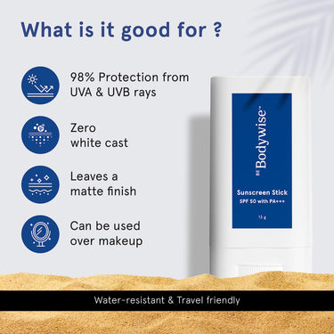 Be Bodywise Sunscreen Stick SPF 50 with PA+++ (13 g) for Face & Body | With Vit E, Centella | Broad-Spectrum Protection, Matte Finished , Water Resistant & Makeup friendly | Suitable for All Skin Types| For Face & Body